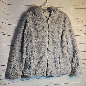 Geschallino Fuzzy Faux Fur Hooded Jacket, Gray Full Zip Warm Cozy,XL‎
